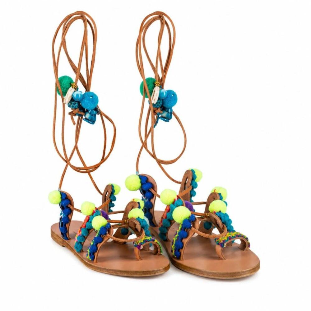 Elina Linardaki Mermaid Motel leather gladiator sandals yellow pom poms Sz 41